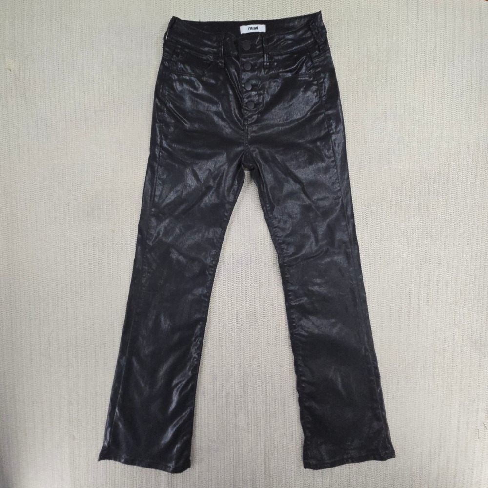 Mavi Maria Button Up Jeans Women 25 Black Coated Flared High Rise Denim Pants